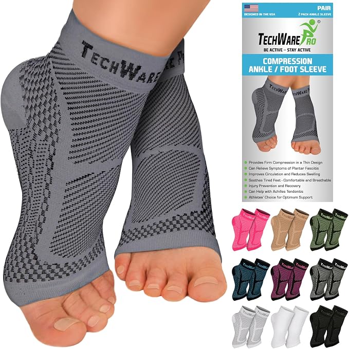 TechWare Pro Ankle Brace Compression Sleeve - Plantar Fasciitis Sock. Relieves Achilles Tendonitis. Foot Arch Support Reduces Joint Pain, Swelling & Heel Spur Pain. Injury Recovery Braces for Sports