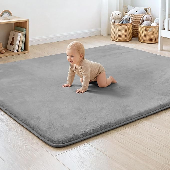 1.3" Thick Baby Floor Play Mat 59x71 Padded Foam Mat, Light Grey | Memory Mat for Baby to Play on Floor Waterproof Easy Care with Non-Slip Tummy Time Play Mat for Nursery Playroom Classroom