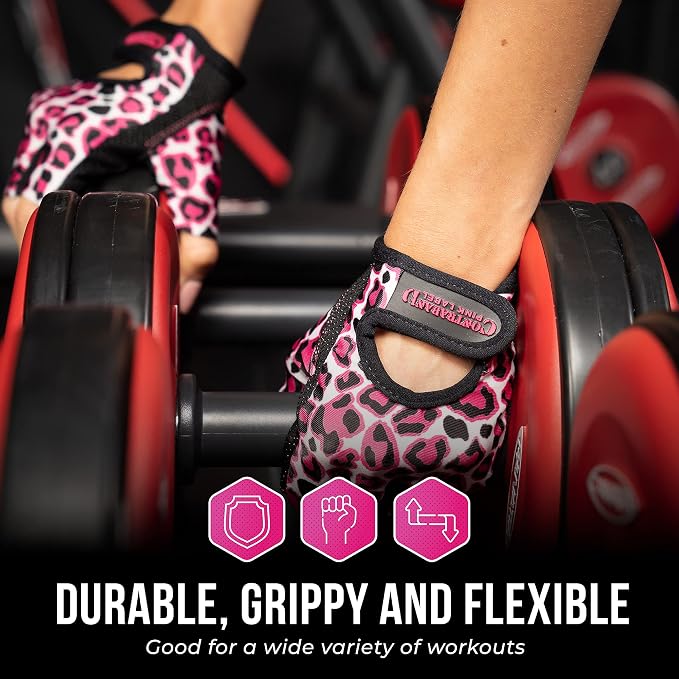 Contraband Pink Label 5297 Womens Design Series Leopard Print Lifting & Rowing Gloves (Pair) - Lightweight Vegan Medium Padded Microfiber Amara Leather w/Griplock Silicone