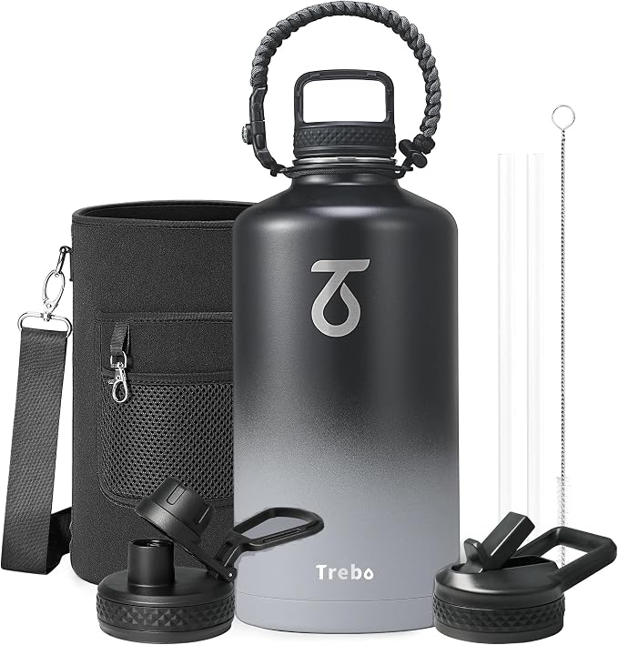 Trebo One Gallon Water Bottle Insulated with 3 Lids, Paracord Handle & Bag | 128 oz Large Stainless Steel Water Jug, Triple Wall Vacuum Copper Plated, Dishwasher Safe, Keeps Cold 48 Hrs for Hiking, Gym