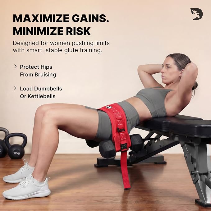 DMoose Fitness Hip Thrust Belt - Dual-Strap Glute Builder for Dumbbells, Plates, Kettlebells (Supports up to 700 lbs) - Comfortable Padded Booty Belt for Home & Gym