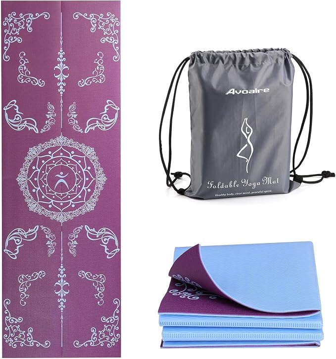 Avoalre Folding Yoga Mat, Eco-Friendly PVC Travel Yoga Mat Packable, Double Sided Non-Slip Printed Yoga Mats with Bag for Home Workout Gym Exercise Fitness Pilates Stretching (72" x 24" x 1/5" Thick)