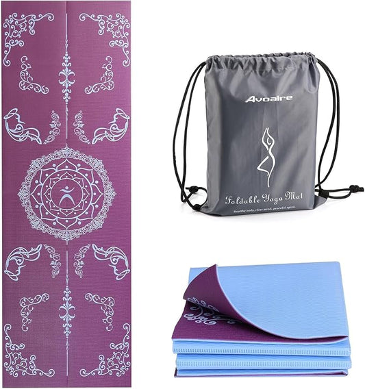 Avoalre Folding Yoga Mat, Eco-Friendly PVC Travel Yoga Mat Packable, Double Sided Non-Slip Printed Yoga Mats with Bag for Home Workout Gym Exercise Fitness Pilates Stretching (72" x 24" x 1/5" Thick)