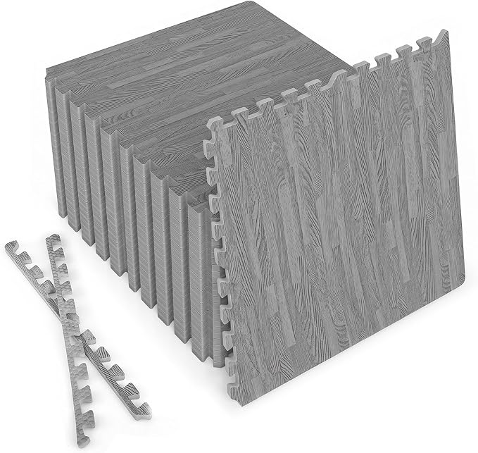 Giantex 25 Pcs Faux Wood Grain EVA Foam Tiles, 24"x24" Interlocking Floor | 100 Sq. Ft Puzzle Exercise Mats with 50 Borders, 0.4" Thick Waterproof Anti-Slip Flooring for Home Gym, Basement, Gray Oak