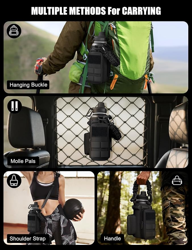 Tactical Water Bottle with Straw, 32 Oz Insulated Water Jug with Molle Water Bottle Holder, Stainless Steel Sport Bottle with 2 BPA Free Lids for Gym Workout Hiking (32oz-Black)
