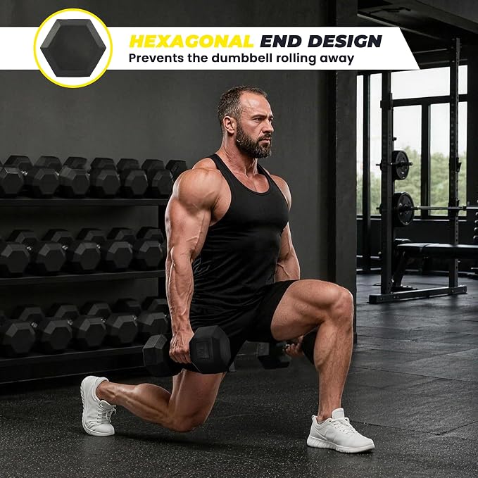 HulkFit Rubber Coated Hex Dumbbells, Anti-Roll Hand Weights Set of 2, Non-Slip Ergonomic Handle Low Odor for Home Gym