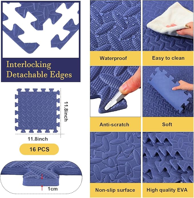Foam Floor Tiles Foam Floor Mats Play Mats Bulk with Borders Interlocking for Bedroom Gym Nursery(11.8 x 11.8 Inch,Navy Blue)