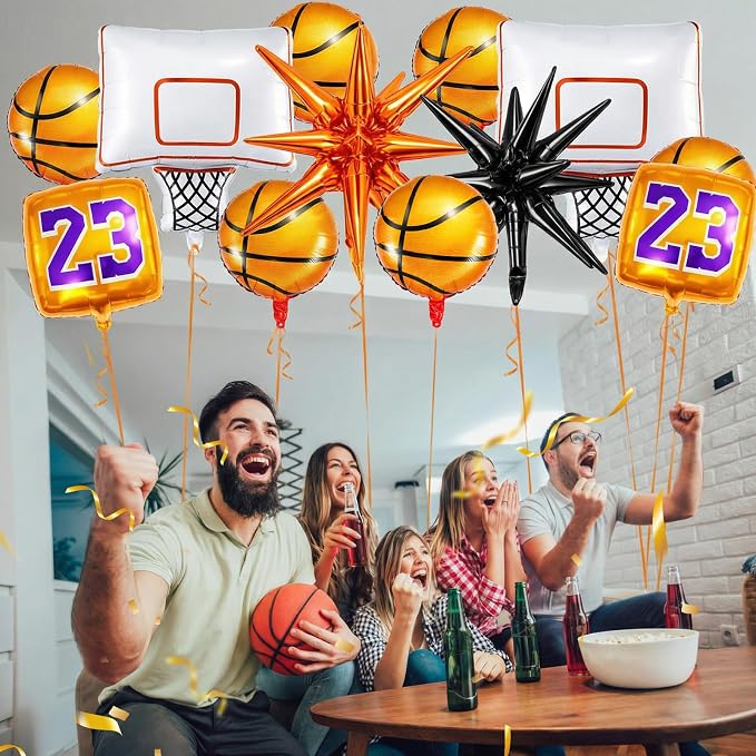 Soulchen 12 Pcs Basketball Birthday Party Balloons Decorations 6 Pcs Basketball Aluminum Foil Balloon 2 Hoop Foil 2#23 Jersey 2 Exploding Star for Birthday Party Sports Themed Decorations