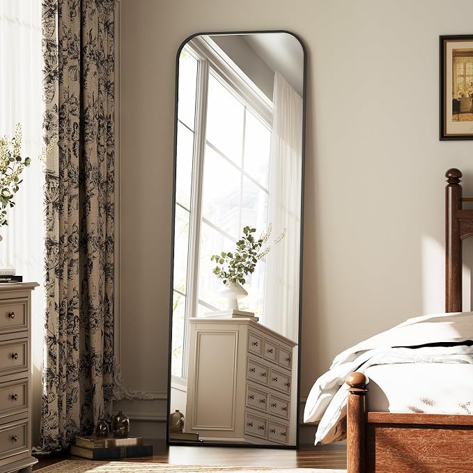 Full Length Mirror 56"x21" Arched Floor Standing Large Mirrors | Full Body Mirror with Stand - with Aluminum Frame for Bedroom Living Room, Black