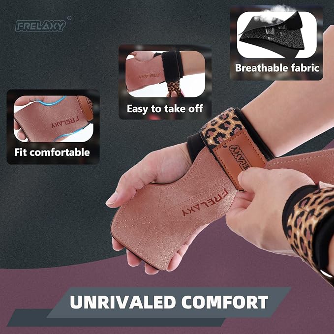 Frelaxy Lifting Wrist Straps for Women and Men, Weight Lifting Grips | Double-layer leather, Cushioned wrist support, Durable construction, Storage pouch, Deadlifts, rows, lat pulldowns