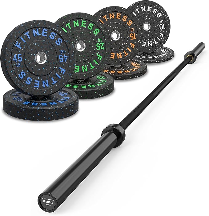 HANDBODE Olympic Barbell Set, 2-Inch Bumper Plates with Weight Plate Rack | Colored Crumb Rubber Weight Plates for Weight Lifting & Strength Training, 90–530 lb Set with 45 LB (20 kg) Olympic Barbell