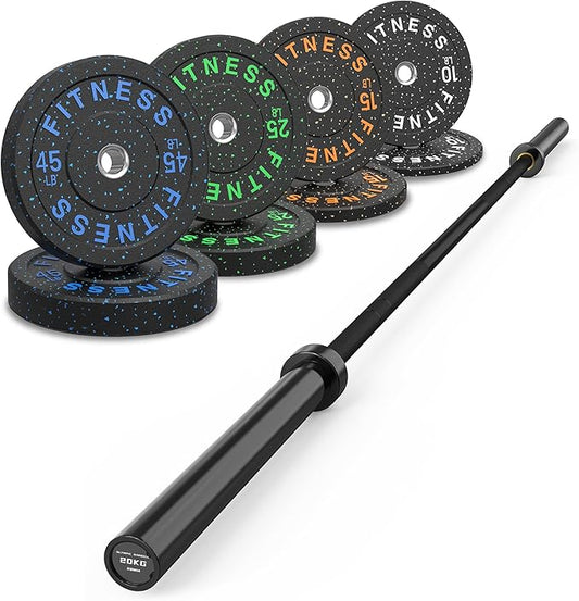 HANDBODE Olympic Barbell Set, 2-Inch Bumper Plates with Weight Plate Rack | Colored Crumb Rubber Weight Plates for Weight Lifting & Strength Training, 90–530 lb Set with 45 LB (20 kg) Olympic Barbell
