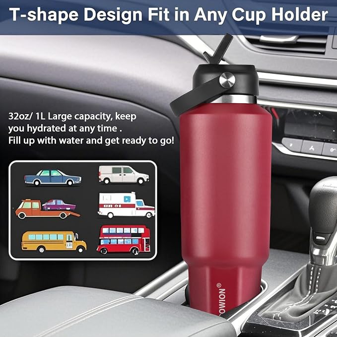 HYDROWION 32 oz Insulated Water Bottle, Car Water Bottle Holder - Double Wall Vacuum Insulated Travel Bottle with Straw Lid, Spout Lid and Flex Cap - Cold for 24H, Hot for 12H, Blue - Red