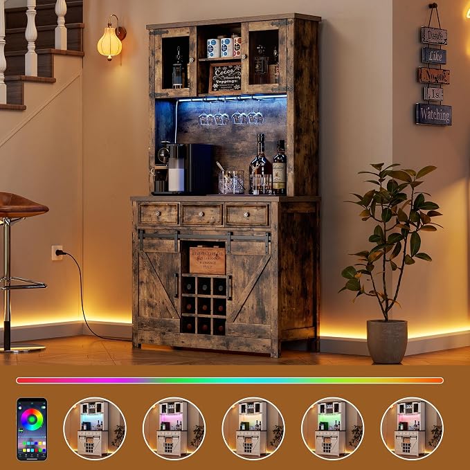 GarveeHome 72" Farmhouse Coffee Bar Cabinet with LED Lights & Power Outlets | Tall Kitchen Buffet Hutch with 3 Drawers & Wine Glass Rack, Sliding Barn Door, Ample Storage for Home Bar, Brown