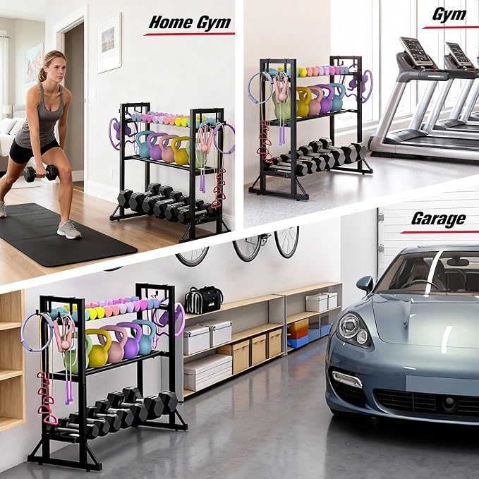 3 Tier Adjustable Dumbbell Rack Stand, Heavy Duty Carbon Steel Weight Storage Organizer for Home Gym, Easy Assembly, 450 lb Capacity for Dumbbells & Kettlebells (Dumbbell Rack Stand Only)