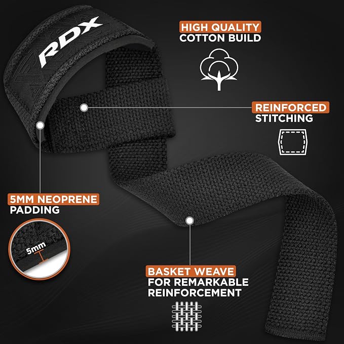 RDX Lifting Straps for Weightlifting –100% Cotton Heavy Duty Gym Wrist Strap with 5MM Neoprene Padding, 60CM Anti-Slip Hand Grip Wraps for Deadlifts Powerlifting Workouts Strength Training, Men Women