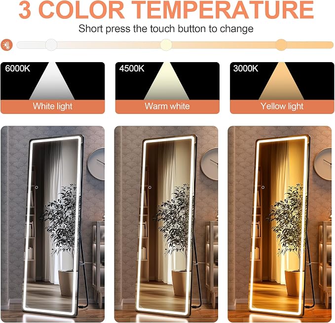 Full Length Mirror with Lights, 56" x 15.8" LED Lighted Floor Standing Body Mirror, Dimmable & 3 Color Lighting for Cloakroom, Dressing Room, Tempered Glass, Rounded Corner Black