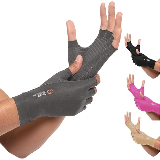 Copper Compression Arthritis Gloves | Fingerless Arthritis Carpal Tunnel Pain Relief for Men & Women | Hand Support Wrist Brace for Neuropathy, Rheumatoid, Tendonitis, Swelling, Typing Grey Small