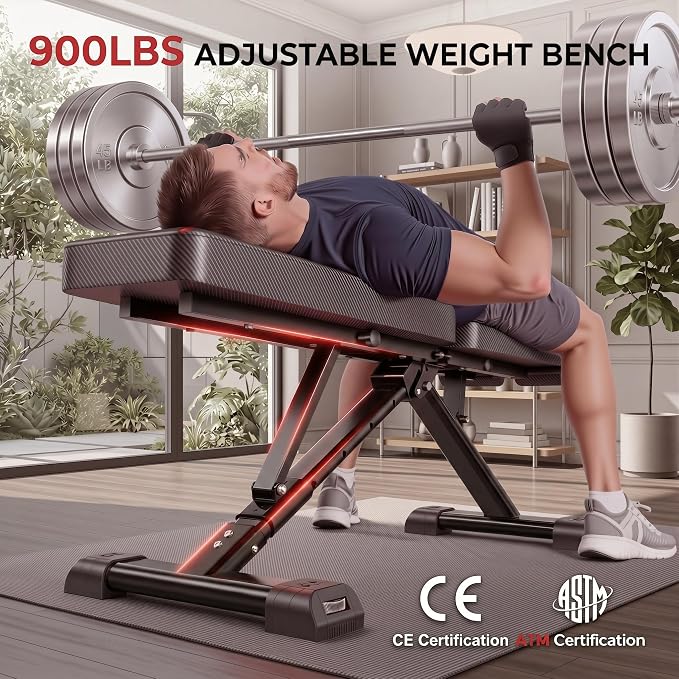 OPPSDECOR Adjustable Weight Bench, 900LBS Foldable Workout Bench | 8+4+2 Positions, 18.5in Seat Height, 20in Rear Base, Folds to 33x8x12in, Flat Incline Decline Bench Press, Under 1-Min Setup