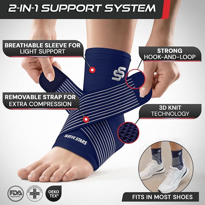 Sleeve Stars Ankle Brace for Women & Men, Ankle Wrap for Sprained Ankle, Compression Sleeve for Plantar Fasciitis Relief, Easy Customizable Support: w/Removable Strap (Pair/M:10"-12"/Navy Blue)