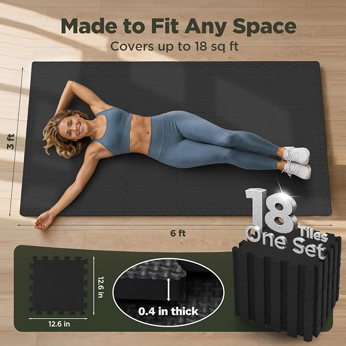 AIRHOP 18 PCS Gym Floor Mat, EVA Foam Puzzle Gym Mat, High-Density Interlocking Foam Floor Tiles for Home Gym, Play Workout Garage Kitchen Flooring 12.6"x12.6"x0.4"
