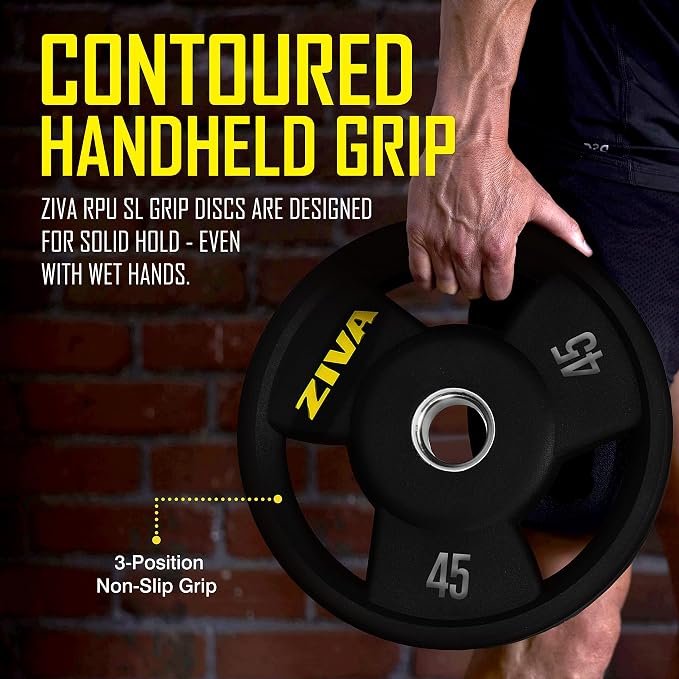 ZIVA Olympic Weight Plate – Premium Urethane-Coated Grip Disc with 2" Stainless Steel Insert and 3-Position Handle – Sold Individually (2.5–45 lb) Does not fit Standard Studio Barbell