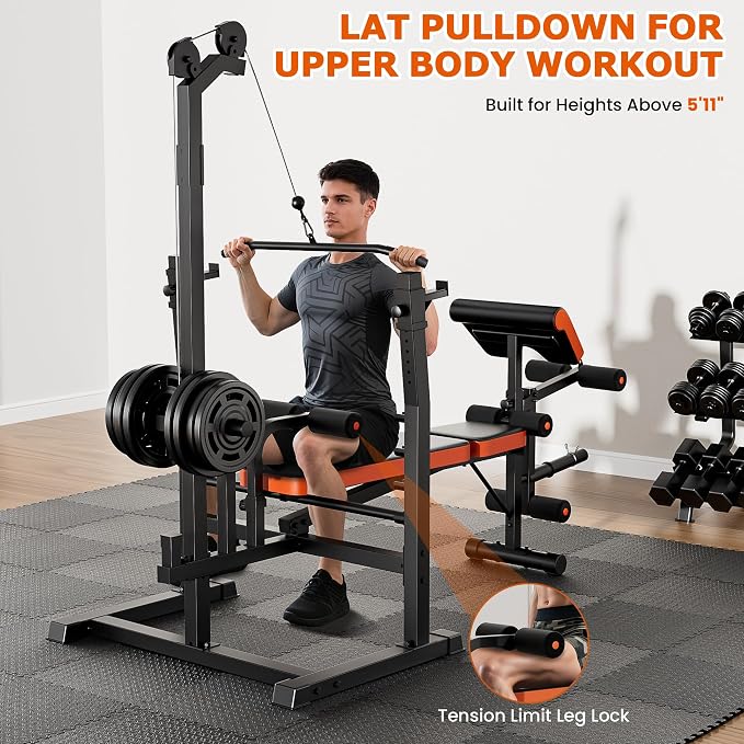 Fostoy Olympic Weight Bench with Lat Pulldown, Squat Rack & Leg Curl | Adjustable,Cable Row, Squat Rack, Leg Developer, Preacher Curl, Multi-Angle Backrest, Full Body Strength Training