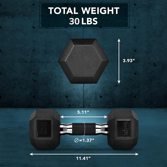 Yes4All Chrome/Rubber Grip Encased Hex Dumbbells – Hand Weights With Anti-Slip 10-30 LBS Pair