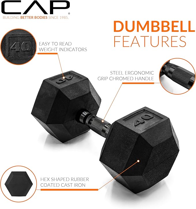 CAP Rubber Coated Dumbbell Weights, Free Weights for Home Gym Strength Training, Anti-Roll Hex Dumbbells with Black, Chrome & Comfort Grip Handles, Pairs & Sets