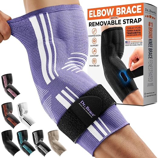 DR. BRACE® Elite Elbow Brace Support with Removable Strap for Women & Men, Pain Relief for Tendonitis, Arthritis, Golfer's & Tennis Elbow Treatment, Elbow Sleeve for Workouts Weightlifting (Purple-White, XX-Large)