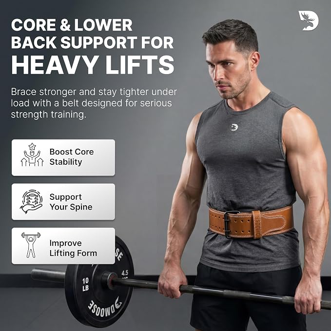 DMoose Fitness Weight Lifting Belt for Lower Back Support - 5mm Thick Genuine Leather Gym Belt for Squats, Deadlifts & Powerlifting - Double Prong Buckle with 10 Holes Adjustability for Men & Women