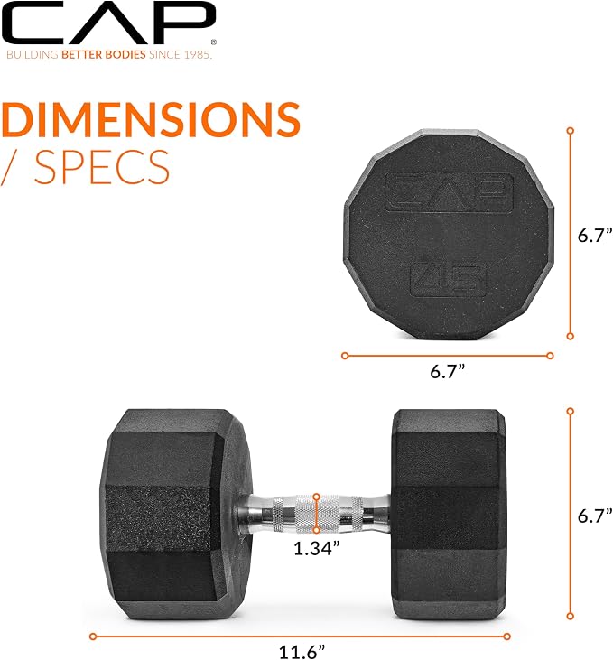 CAP Rubber Coated Dumbbell Weights, Free Weights for Home Gym Strength Training, Anti-Roll Hex Dumbbells with Black, Chrome & Comfort Grip Handles, Singles