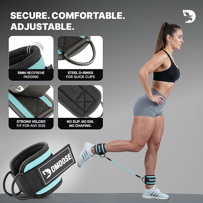 DMoose Ankle Strap for Cable Machine - One Size Fit with Premium Padding, Workout Kickback Ankle Cuffs, Ankle Bands for Working Out, Booty Workouts, Leg Extension, Hip Abductors & Lower Body Exercises