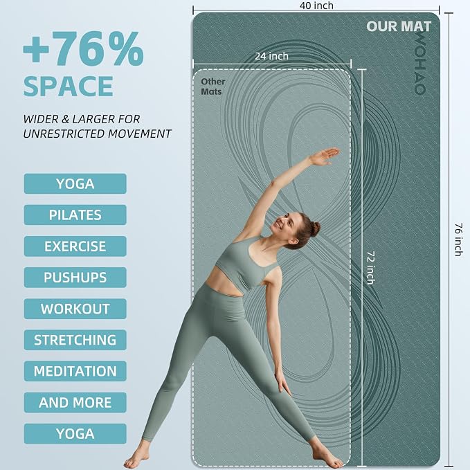 Large 76"x40"x0.4" Yoga Mat | Extra Width & Thick, Non-Slip Exercise Mat, Versatile for Stretching, Yoga Studio, Gym, Home & Indoor/Outdoor Workouts