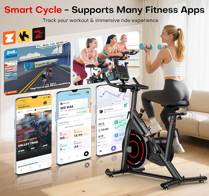 CHAOKE Exercise Bike, Quiet Adjustable Magnetic Stationary Bike for Home Cardio with App Compatible, 350LB Weight Capacity Indoor Cycling Bike with Comfortable Seat, Digital Display for Home Fitness