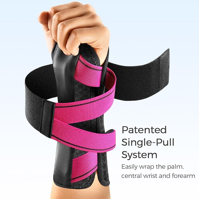 FREETOO Carpal Tunnel Wrist Brace Night Support Fit Right Hand for Work, Pain Relief Wrist Splint for Tendonitis, Arthritis, Wrist Stabilizer Brace Fit Women Men for Sleeping (L/XL, Black/Pink)