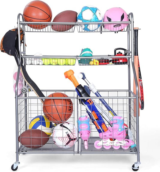 Kinghouse Garage Ball Organizer, Includes Storage Bin, Bat Holder, Hooks | Rolling Sports Equipment Organizer with Wheels, for Basketball, Toys, for Garage, Indoor, Gym, Outdoo