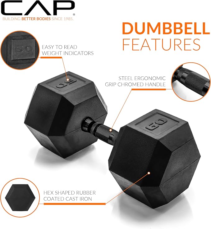 CAP Rubber Coated Dumbbell Weights, Free Weights for Home Gym Strength Training, Anti-Roll Hex Dumbbells with Black, Chrome & Comfort Grip Handles, Pairs & Sets