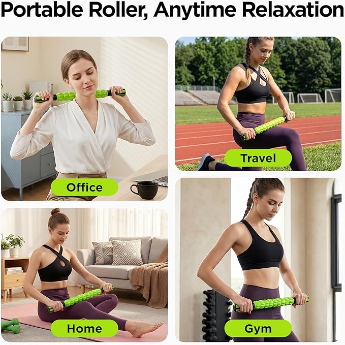 Muscle Roller & Massage Roller Stick for Athletes - Lymphatic Drainage Support, Relieves Muscle Soreness, Cramping & Tightness - Targets Legs, Arms, Back & Calves （Green ）