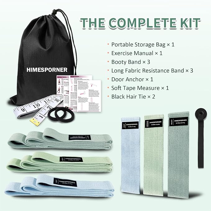 HIMESPORNER 9 PCS Fabric Resistance Bands Set for Working Out | Non-Slip Exercise Booty Bands for Women Men Leg Glutes with Hair Ties and Tape Measure - for Home Gym Workout, Yoga, Pilates