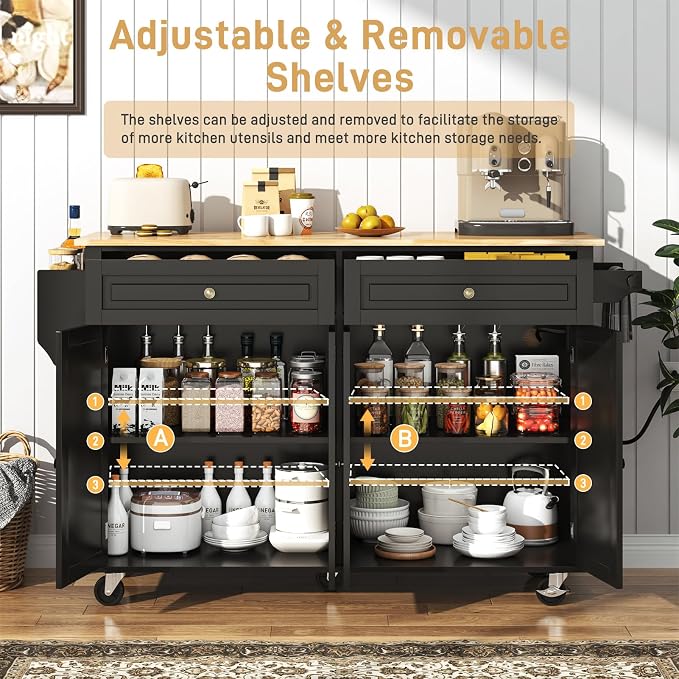 Hlivelood 59.1" Movable Kitchen Island with Drop Leaf and Power Outlet, Rolling Island Cart w/Storage Cabinet, Island Table on Wheels for Kitchen w/2 Drawers, Spice Rack, Towel Bar, Garage Hook, Black