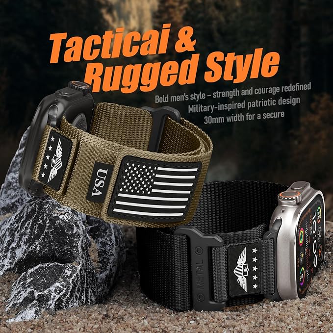 Rugged Nylon for Apple Watch Ultra 2/ Ultra 3 Band Series 11/10/9/8/7/6/5/4/3/SE iWatch Bands Men,Soft Woven Stars-Stripes Flag Wristbands Strap for Apple Watch Ultra 3/2/1 49mm 46mm 45mm 44mm 42mm