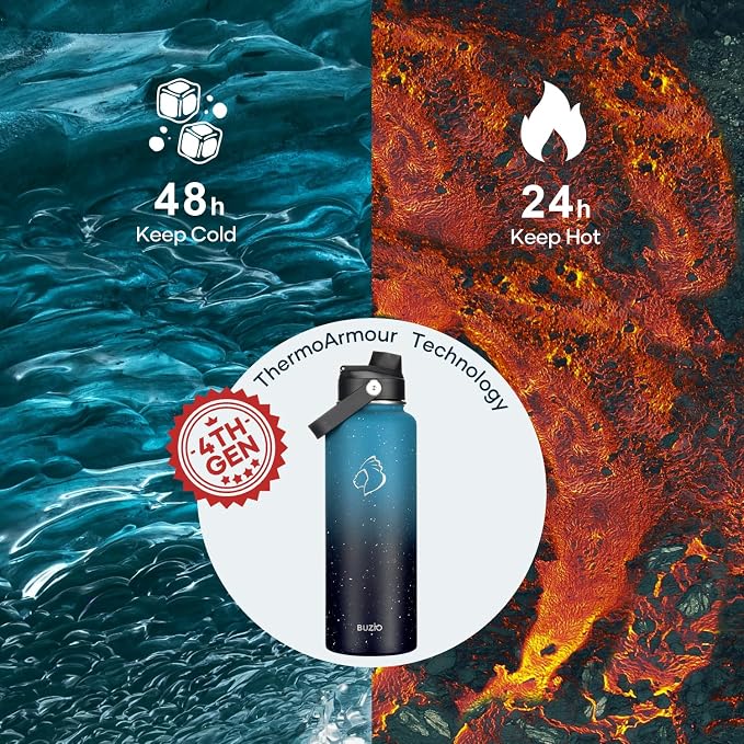 BUZIO Triple Wall Vacuum Water Bottle with Dust-Proof Straw & Spout Lids | 40 oz Insulated Stainless Steel Water Flask (Cold for 48 Hrs/Hot for 24 Hrs), Dishwasher Safe, Leakproof, Non-BPA, for Hiking