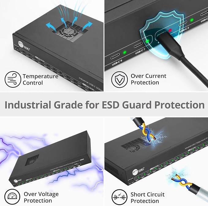 SIIG Industrial 16-Port 600W USB-C PD Charging Station, ID-US0B11-S3 | Charge 16 USB-C devices and transfer data at 5Gbps; two 100W ports, 14 30W ports and auto fan support IT fleets.