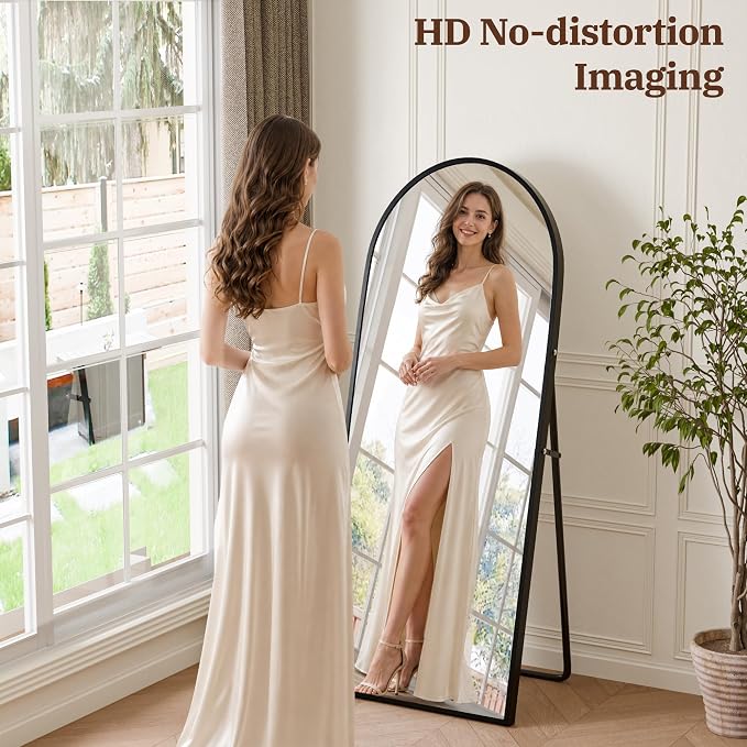 56"×18" Full Length Mirror, 2 Pcs Shatterproof Tempered Glass Floor Mirror, Alum Alloy Thin Frame Standing Mirror with Freestanding/Leaning/Wall Mount for Bedroom, Living Room & Entryway, Black