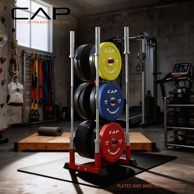 CAP Olympic Bumper Plate Tree Rack with Barbell Holders, Heavy-Duty Weight Plate Storage Rack for Home Gym, Steel Olympic Plate Organizer Stand, Multiple Color & Size Options