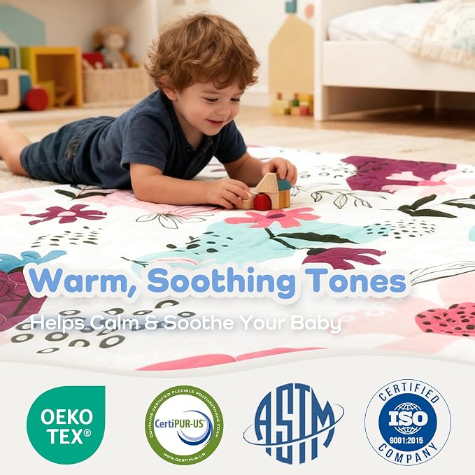 1.6" Thick Baby Play Mat, 50x50 Removable & Machine Washable Cover | Padded Memory Foam, Non-Slip Backing, 100% Baby-Safe Materials, Tummy Time Crawling, Outdoor, Bedroom, Living Room, Nursery