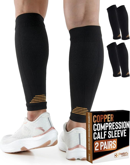 Doctor's Select 2 Pairs Copper Calf Compression Sleeve - Leg Compression Sleeves for Women & Men, Shin Splint Relief