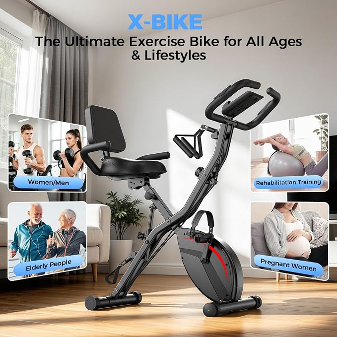 Pleny Folding Exercise Bike, 5 IN 1 Stationary Bikes for Home 6.6 LBS Flywheel, 330LB Weight Capacity Back Support Cushion Indoor Workout Cycling Bike for Home Gym