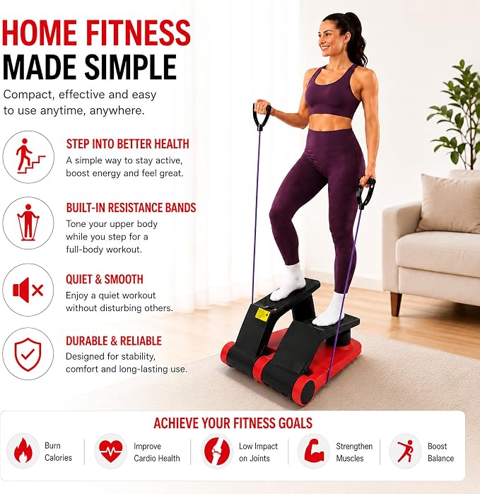 Air Stepper Machine with Resistance Bands | Adjustable Air Resistance Mini Stepper, LCD Monitor, Low Impact Cardio Workout Equipment for Home Gym, 300 lb Capacity